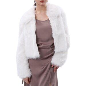 Women's Faux Fur Zip-Up Cropped Jacket Long Sleeve Warm Winter Coat White